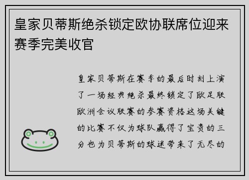 皇家贝蒂斯绝杀锁定欧协联席位迎来赛季完美收官